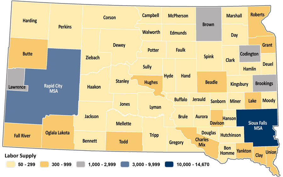 Map showing estimated labor supply for South Dakota counties. The same data is available in table format at https://dlr.sd.gov/lmic/lbtables/laborsupply.aspx Map showing estimated labor supply for South Dakota counties. The same data is available in table format at https://dlr.sd.gov/lmic/lbtables/laborsupply.aspx
