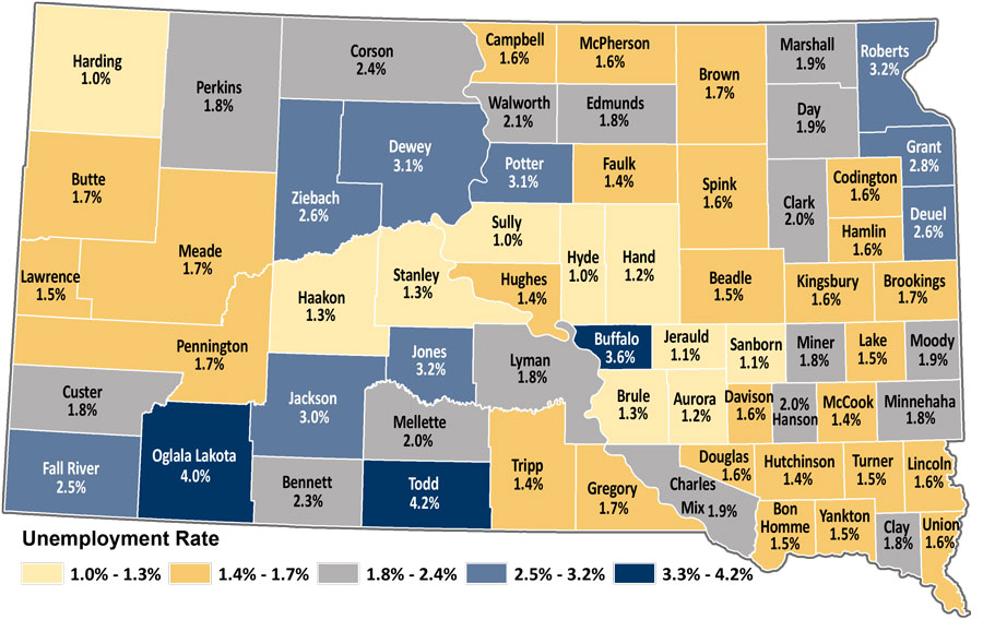 Map showing unemployment rates by county in South Dakota. The same data is available in table format at https://dlr.sd.gov/lmic/lbtables/countylf.aspx Map showing unemployment rates by county in South Dakota. The same data is available in table format at https://dlr.sd.gov/lmic/lbtables/countylf.aspx